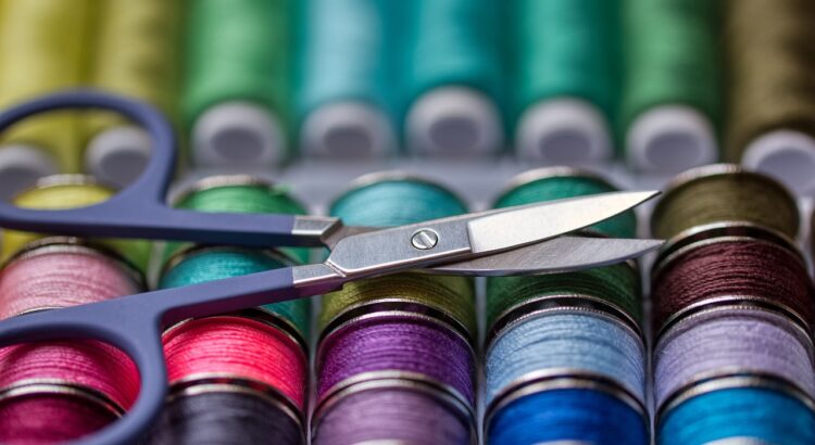 sewing kit, thread, scissors