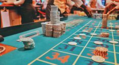 a casino table with a lot of chips on it