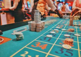 a casino table with a lot of chips on it